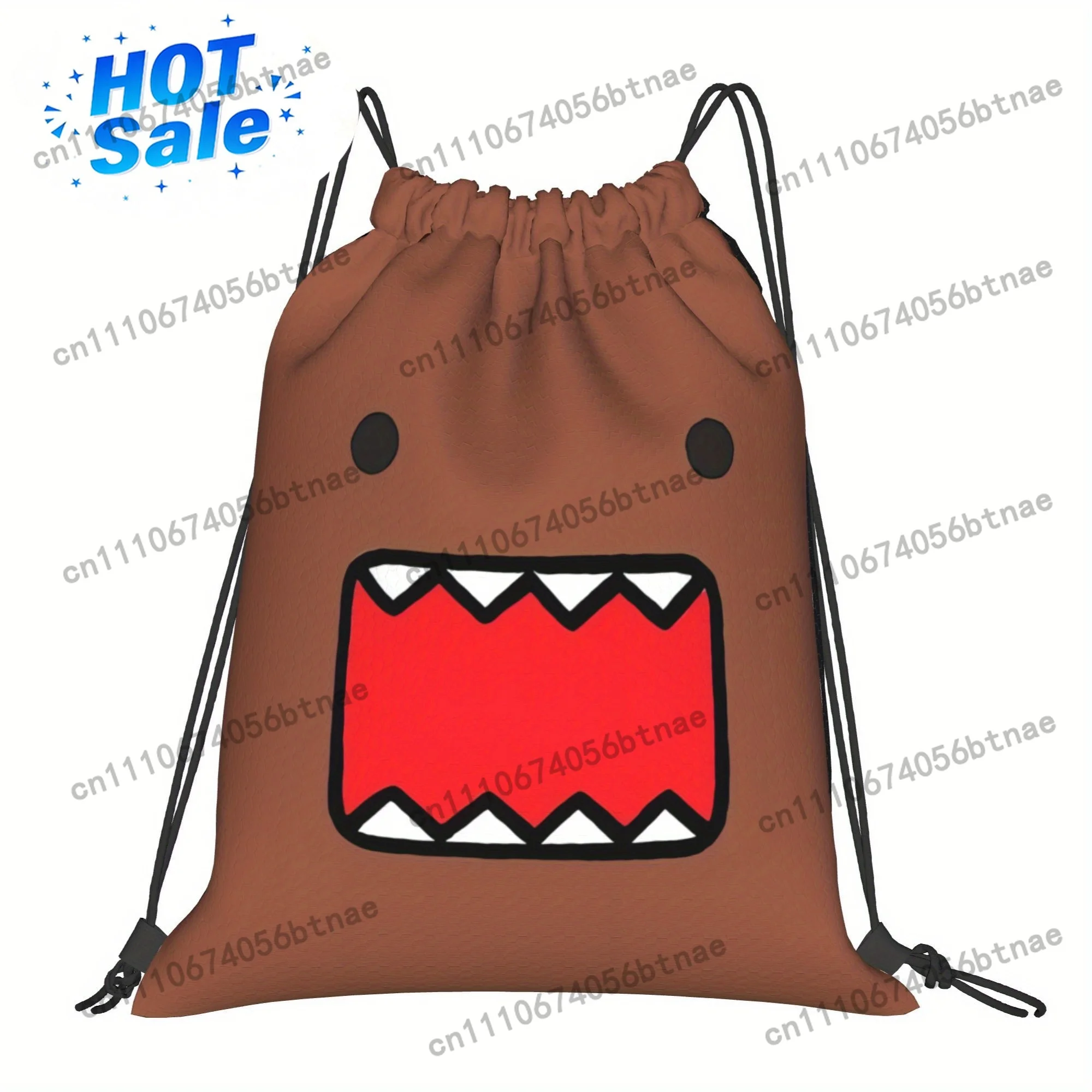 ZLIENSZUS Domo Kun Cartoon Character Backpack - Brown Drawstring Daypack with Red Mouth Design, Machine Washable Polyester, Util