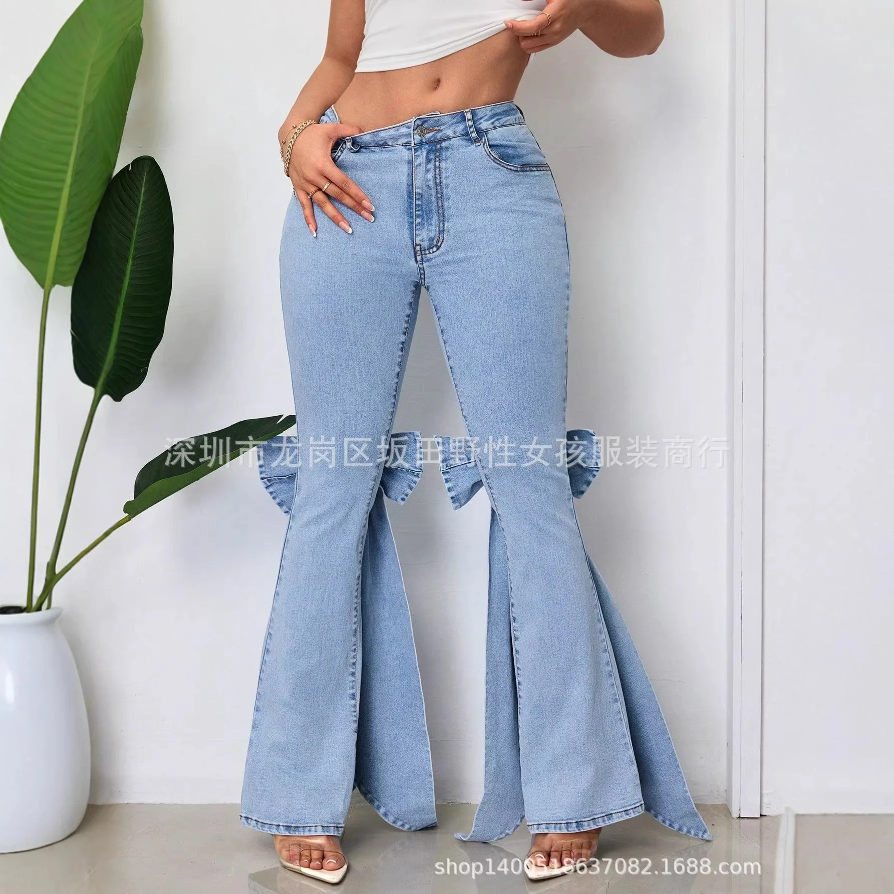 Jeans Women Retro Three-dimensional Bow with Slim Fit and Medium Elasticity Floor Horn Denim Pants