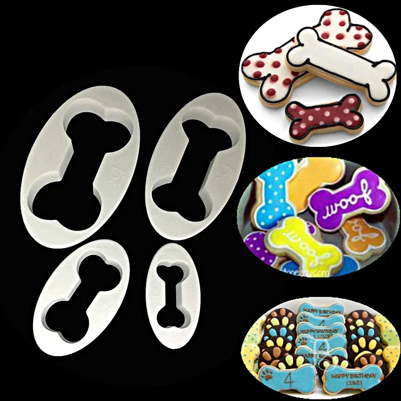 4pcs Dog Bone Shape Cookie Biscuits Cutter Fondant Plastic Embossed Mold DIY Cake Decorating Tools Baking Mold Cake Decor Set