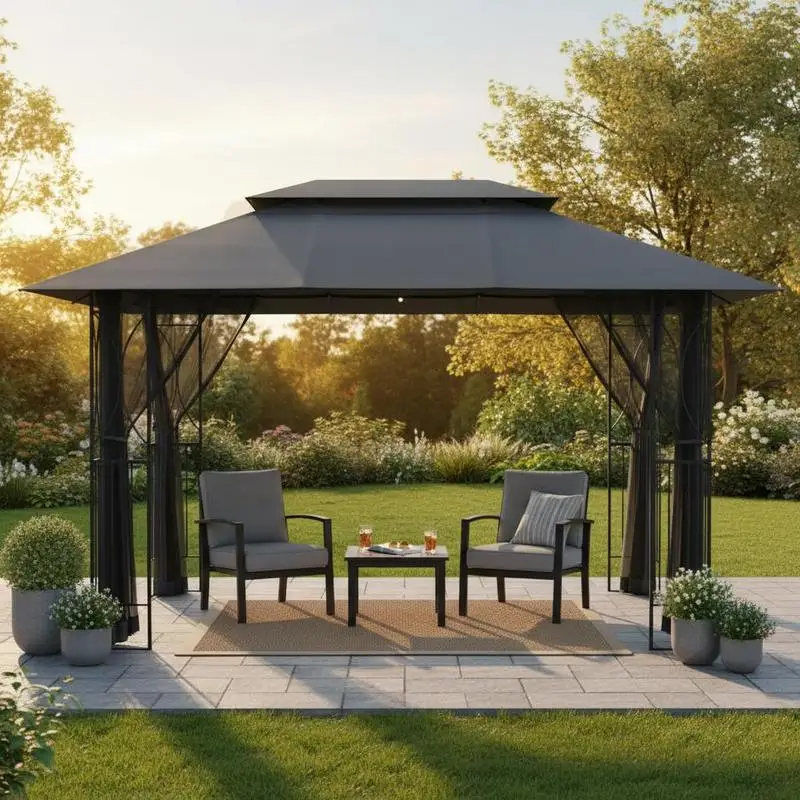 Gazebo de 400x300x270 cm. Estructura robusta, tela de poliéster duradera. Ideal para bodas, fiestas, campamentos y reuniones familiares.