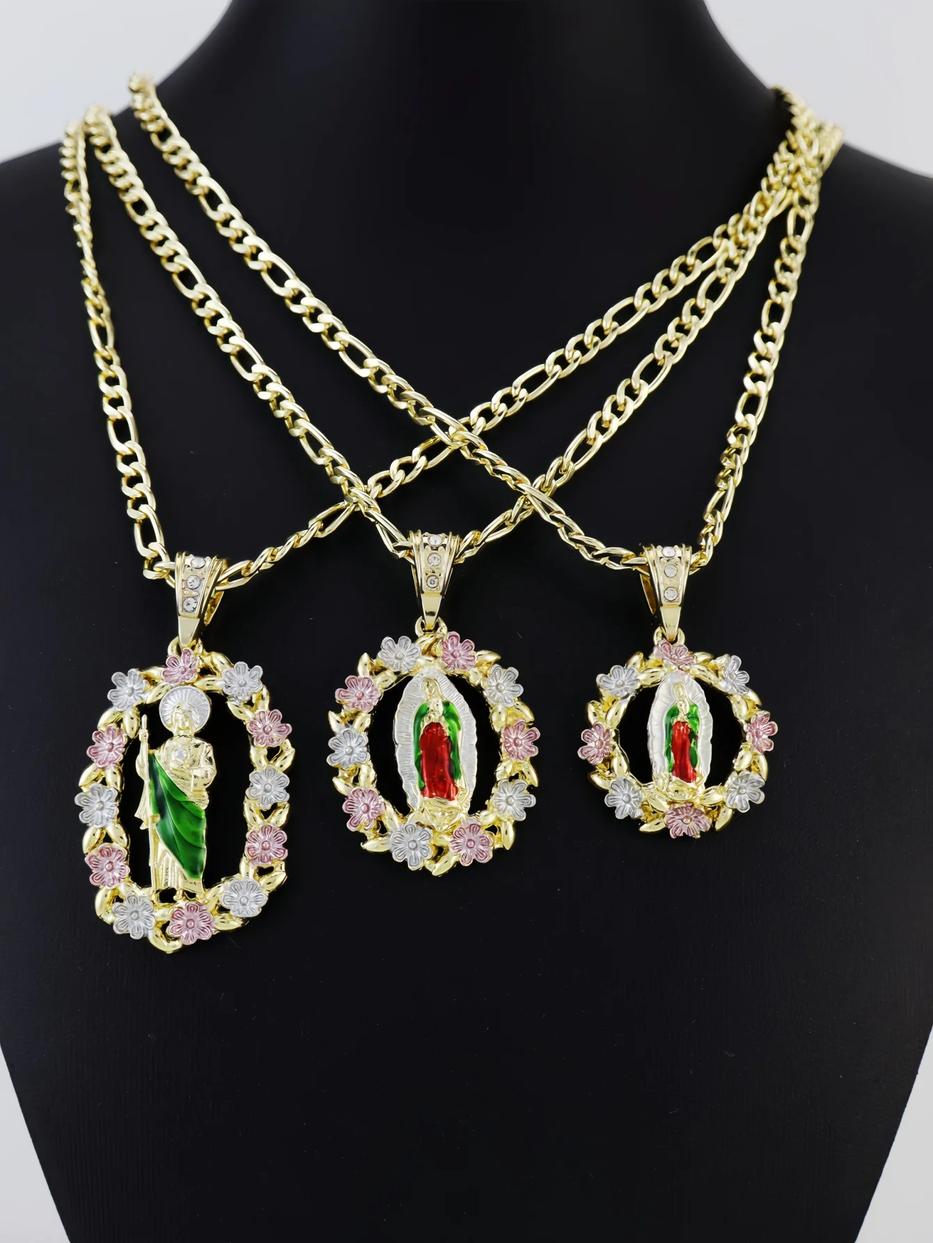 Tricolor Our Lady of Guadalupe Virgin Mary Pendant Green St. Jude Necklace Saint Jude Gold-Plated Mexican Jewelry