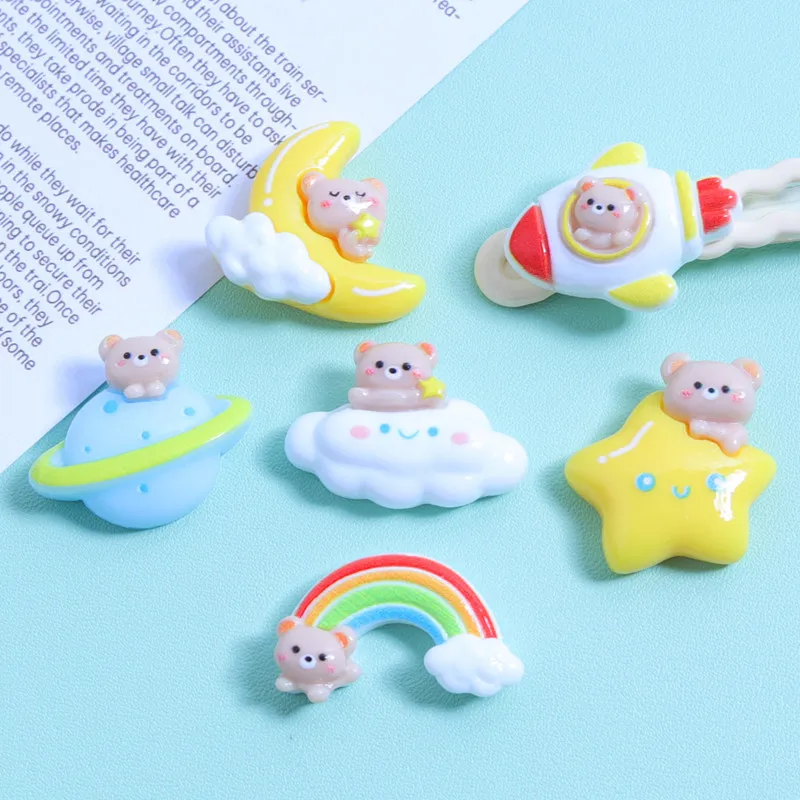 10Pcs Kawaii Outer Space Teddy Bear Resin DIY Shoes Hat Icebox Barrette Mobile Phone Case Scrapbook Cream Glue Flat Back Resin