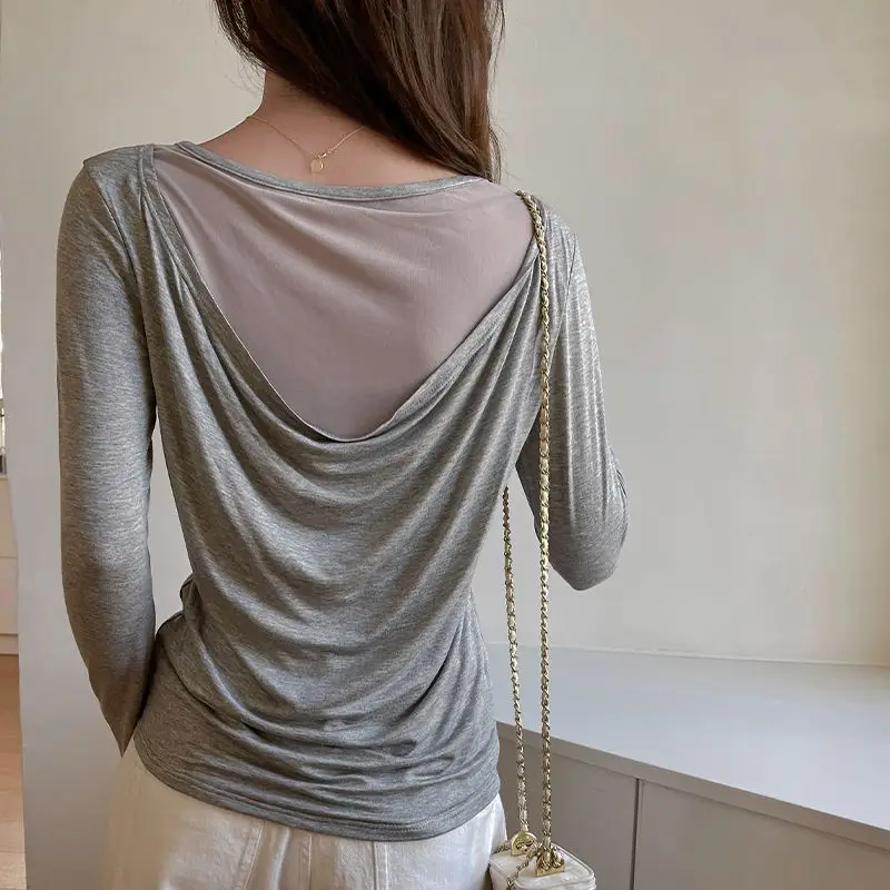 Camicia con fondo grigio T-shirt a maniche lunghe con scollo tondo in rete per donna Top con fondo temperamento a maniche lunghe senza schienale con cuciture