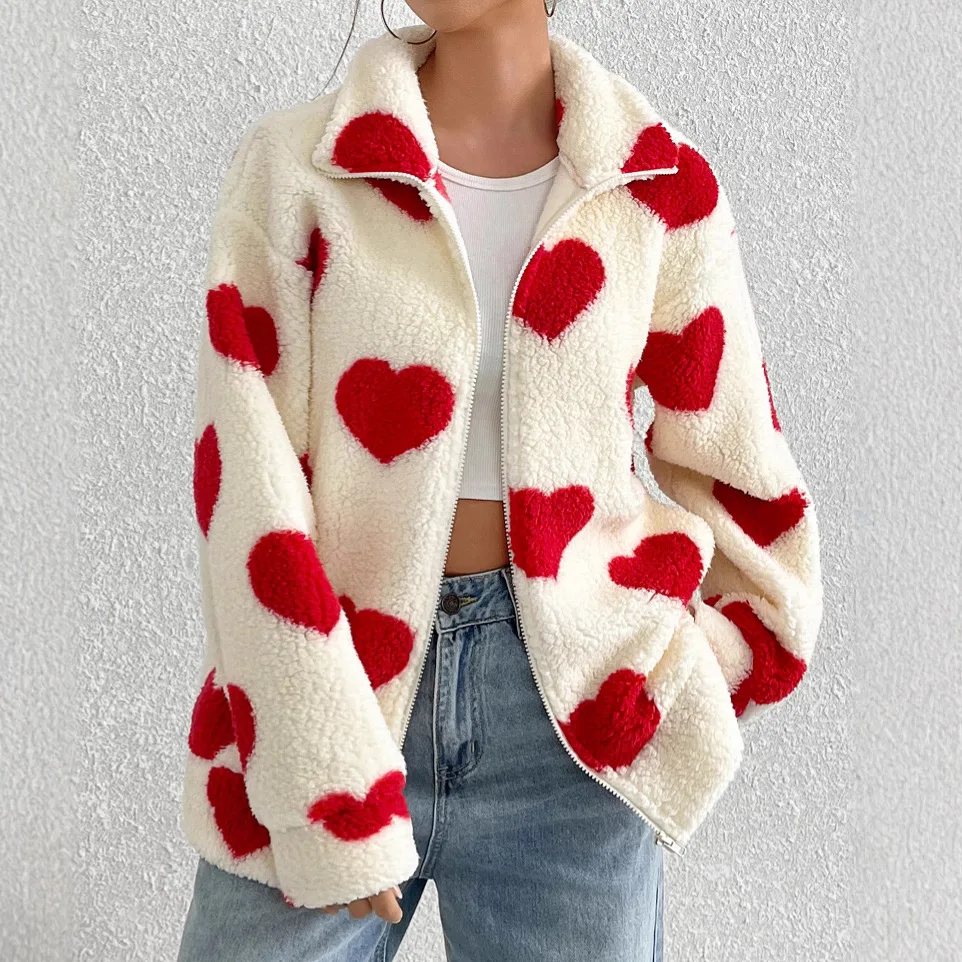 

Autumn Winter Plush Love Print Cardigan Coat Women Fashion Loose Lapel Zipper Fluffy Coats Comfortable Casual Female Clothing