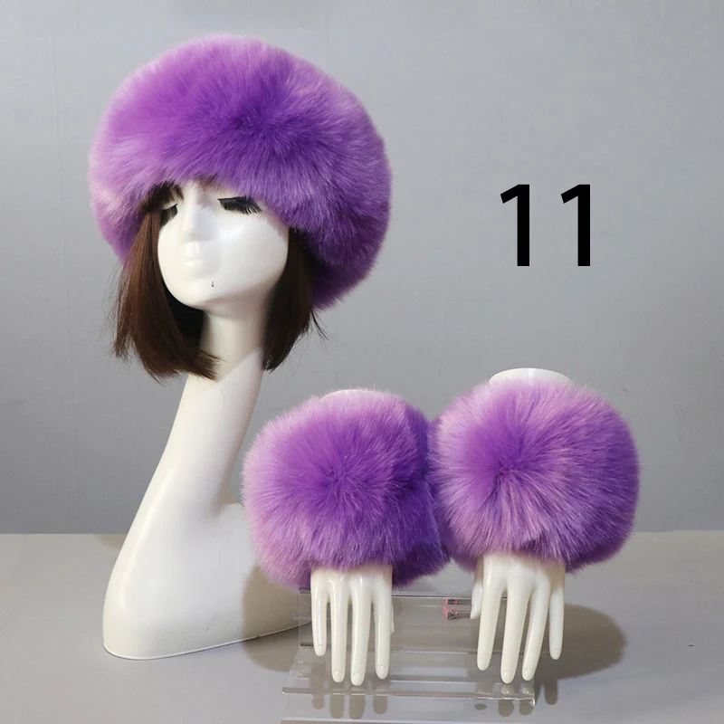 3pcs Solid Color Headband Cuffs Set Warmth Faux Fur Women Winter Spring Autumn Wrist Sleeve Gloves Cap Overcoats Decor Accessory