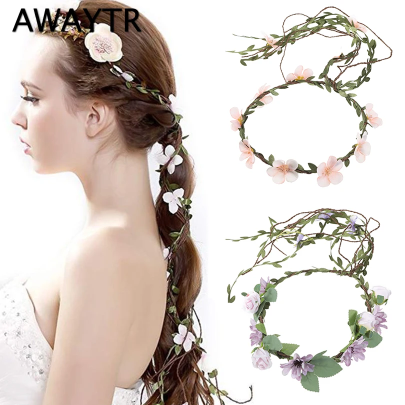 AWAYTR Rattan Flower Vines Crown Headband for Bride Wedding Hair Accessories Girls Floral Wreath Crown Adjustable Head Band