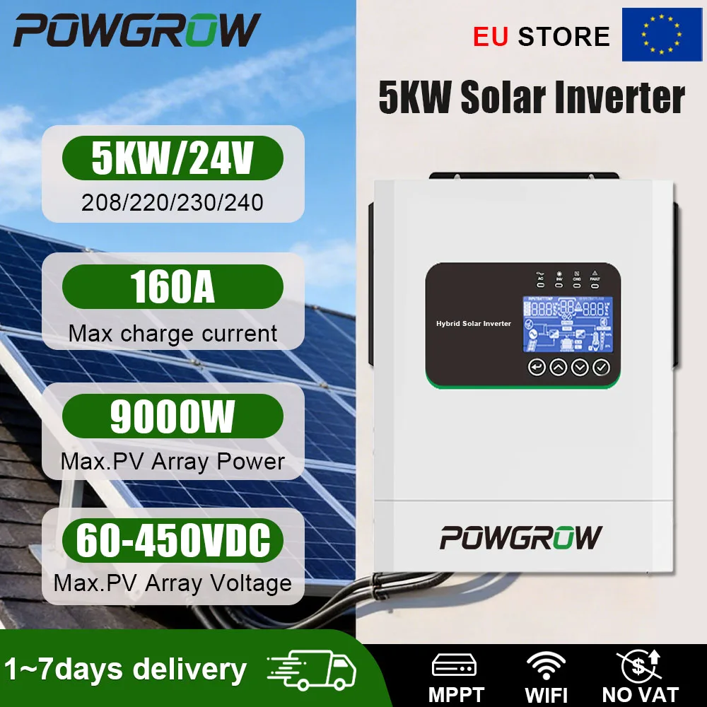 POWGROW 5KW Hybride Off-Grid Omvormer 24V MPPT 60-450VDC 9000W PV 160A Lader 10KW Piekstroom 10ms Schakelaar 93,5% Efficiëntie Werkzaam zonder batterij Thuisgebruik