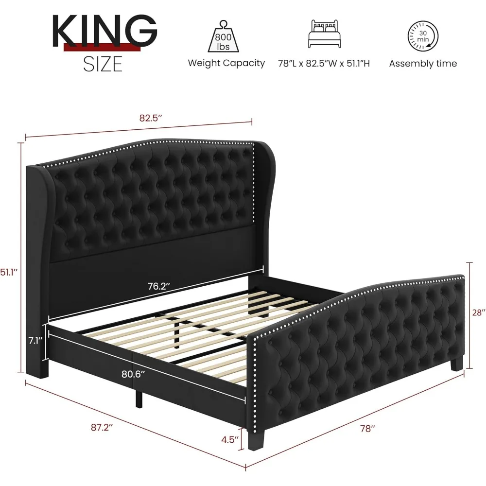 إطار سرير منجد بحجم كينغ، إطار سرير بمنصة معنقدة باللون الأسود المخملي مع لوح أمامي ولوح قدم مجنح، مع زر عميق معنقدة #2
