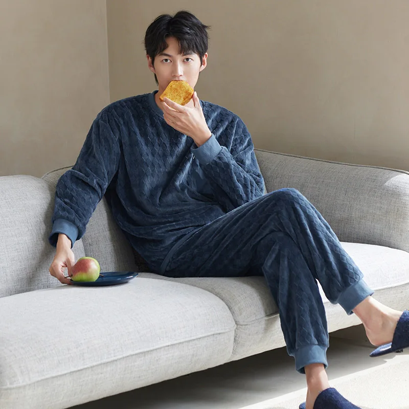 Thick Flannel Pyjamas Male Keep Warm Jacquard Velvet Round Neck Long-Sleeved Autumn And Winter Home Service Suit Pijamas Hombre