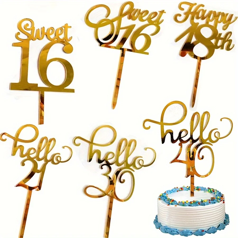 1 piece Golden Acrylic Sweet 16 Birthday Cake Plaque hello 18 30 40 Cake Plaque Party Decoration Supplies