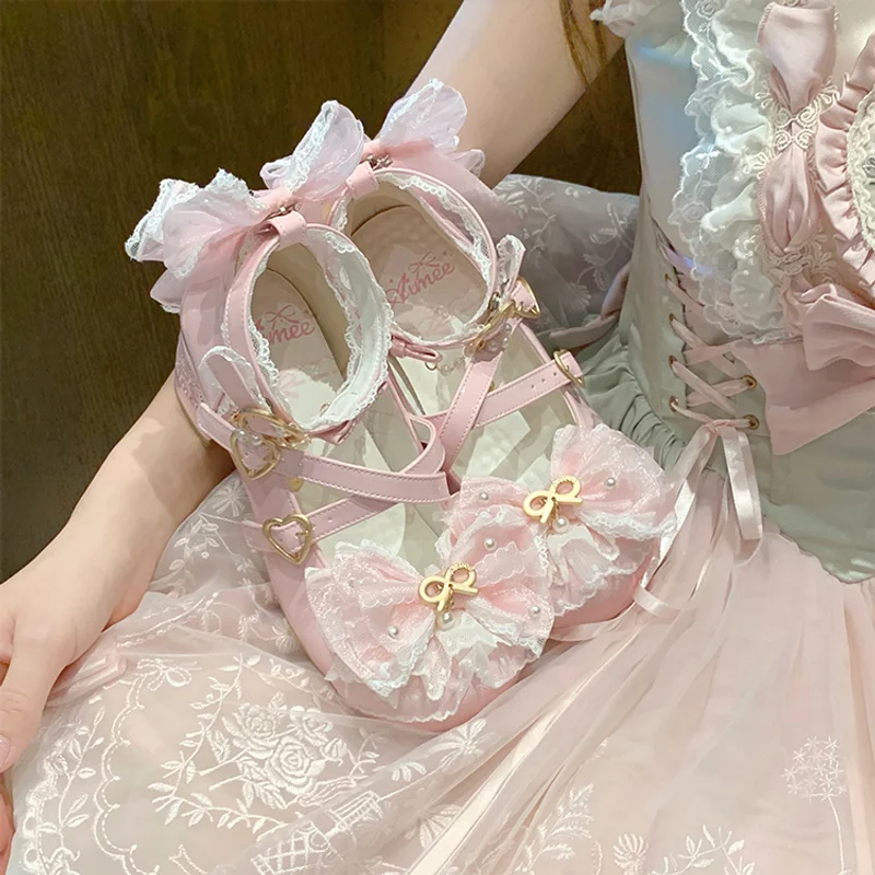 

Sweet Girl Lolita Original Single Shoes Japanese Cute Loli Student Campus Tea Party High Heels Gorgeous Flower Wedding Shoes