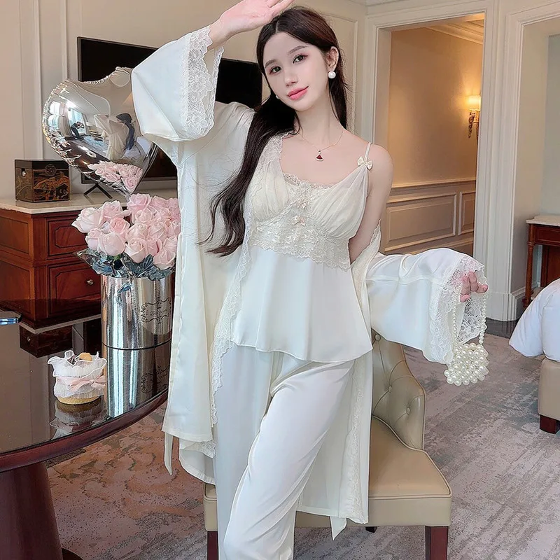 

3PCS Pajamas Set Women Sleepwear Suit Summer Pyjamas Casual Long Sleeve Robe Sling Pants Nightsuits Homewear