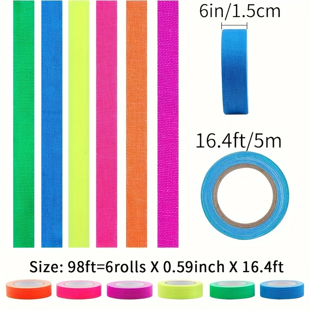 Fluorescent Cotton Tape 6 Colours, UV Blacklight Reactive, Neon Coloured For Party Decoration, Halloween, Crafts