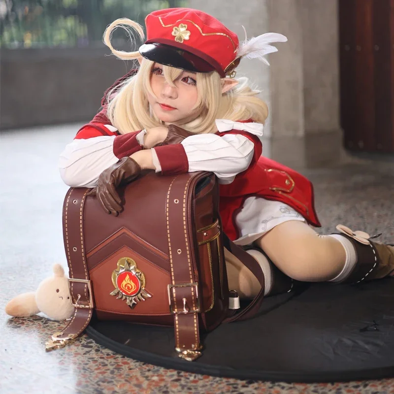 Anime Genshin Game Klee Spark Knight Girls Cute PU Leather Backpack Women Cosplay Costume Wig Accessories Props
