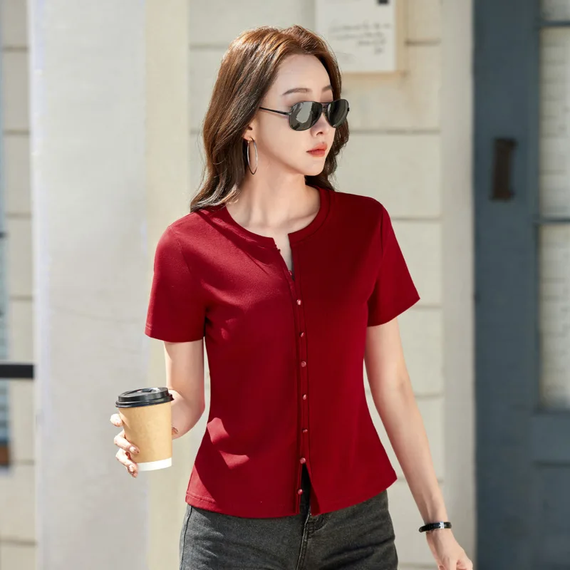 # 0430 Rot-Graues Kurzarm-T-Shirt für Damen Rundhals Einreihig Kurzes T-Shirt Sexy Stretch-Baumwolle Streetwear T-Shirt Cardigan