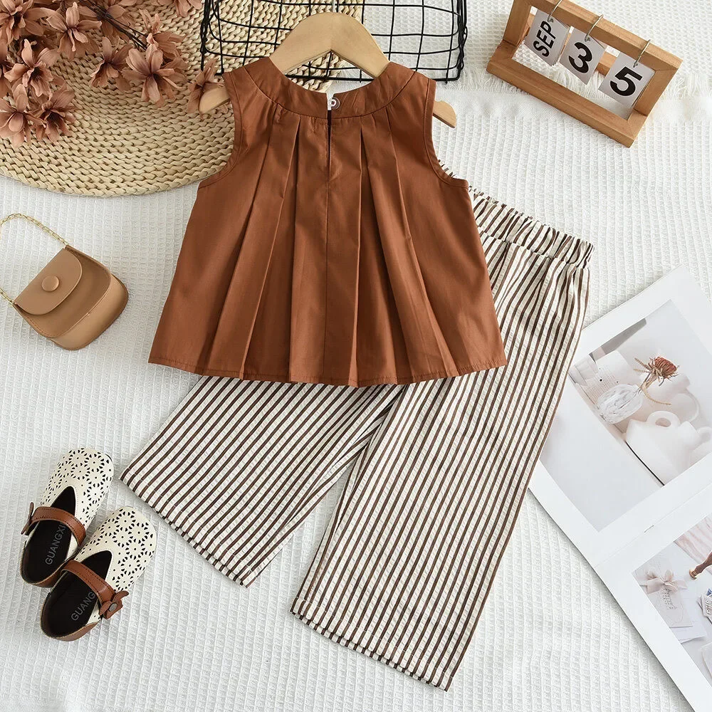 Bear Leader Khaki Vest+Striped Wide Leg Pants Summer Two-piece Set Daily Simple Sleeveless Children\'s Clothing for 3-7 Years Old