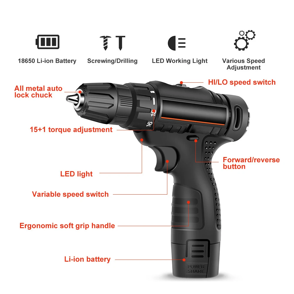 12V Electric Screwdriver Multifunctional Rechargeable Cordless Electric Drill Screwdriver Impact Drill Hand Drill Household Tool