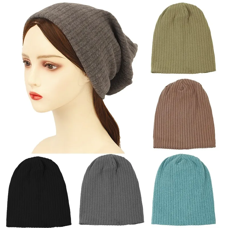 Woman Fashion Autumn Winter Solid Color Striped Beanie Hat Cotton Skull Caps For Adults Knitted Beanies Warm