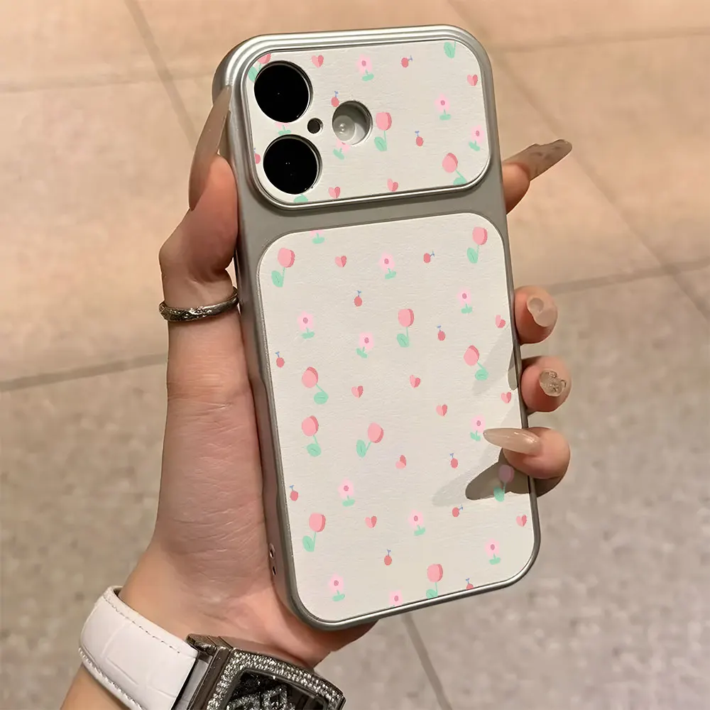 Pink Tulip Heart Pattern Seconds Change 17 Leather Phone Case For iPhone 17 16 15 14 13 12 11 Pro Max 14 Plus Large Window Cover