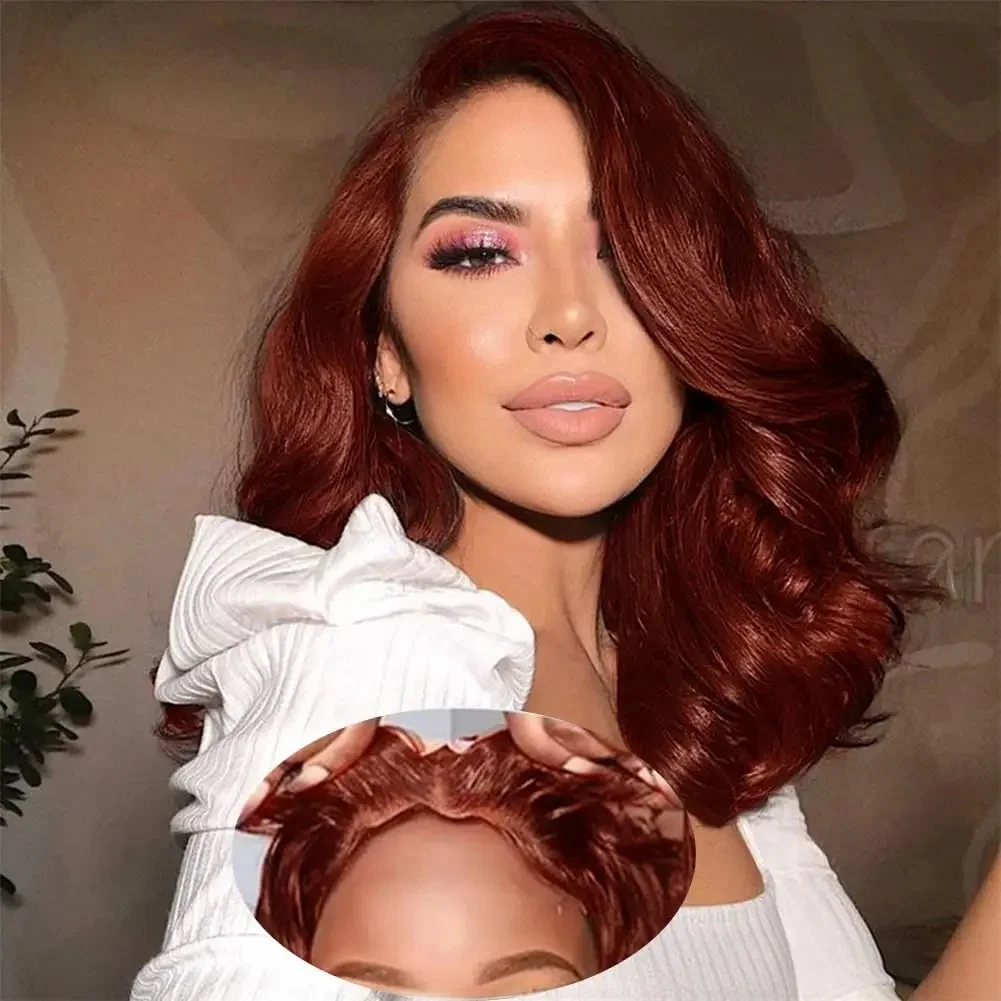 วิกผมลูกไม้ด้านหน้าสีน้ำตาลแดงแบบ Body Wave ผมแท้บราซิล ขนาด 12 14 16 นิ้ว