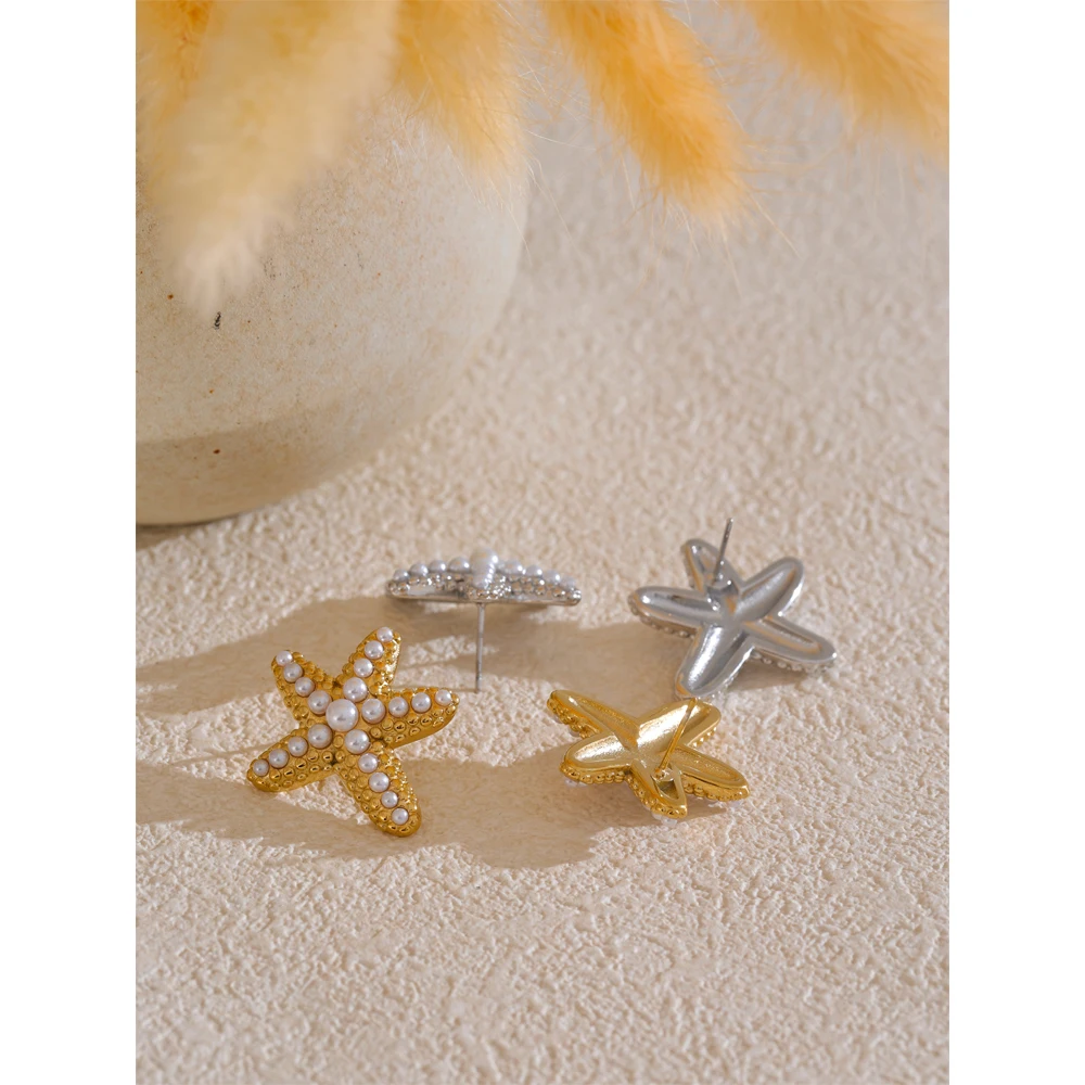 Yhpup Ocean Style Imitation Pearls Starfish Stud Earrings Stainless Steel Casting Exquisite Summer Holiday Beach Jewelry Gift