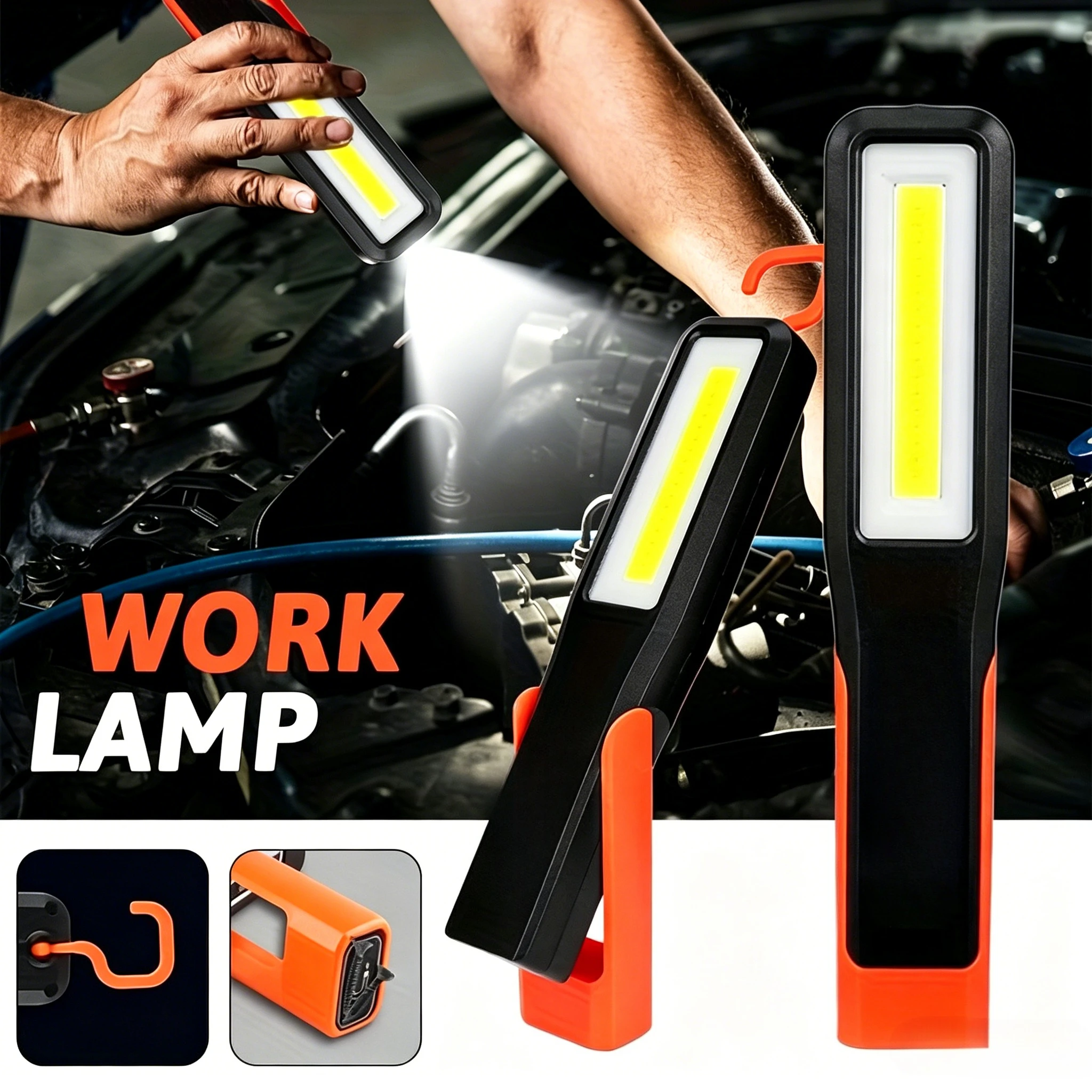 Super Bright COB Work Lamp USB C Rechargeable Handheld Flashlight Powerful Magnetic Car Repair Lamp Outdoor Waterproof Torch