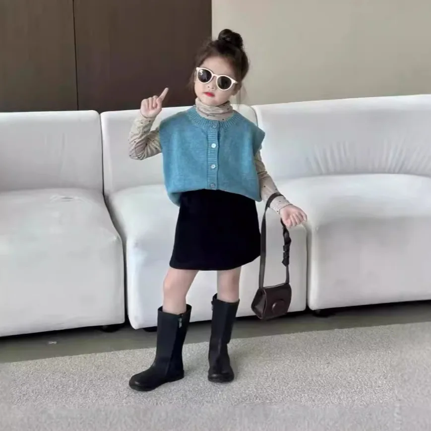 

Вязаный жилет для девочек, детская рубашка базового слоя, корейский свободный повседневный свитер, осень-зима, новый универсальный модный удобный