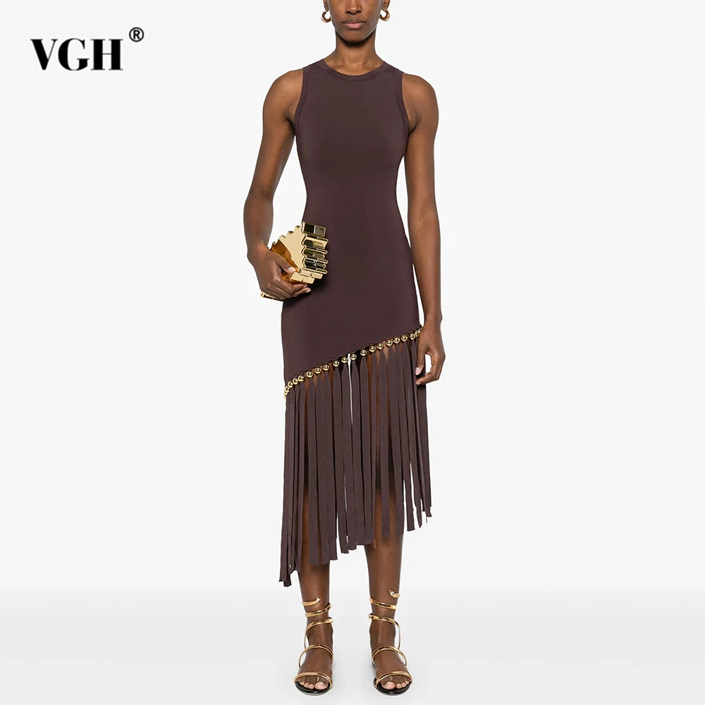 

VGH Slim Fit Temperament Solid Dresses For Women Round Neck Sleeveless High Waist Spliced Tassels Elegant Dress Female Style New