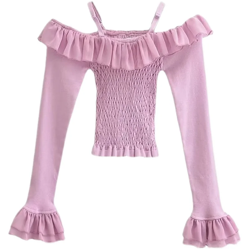 

Faionable Knitted Slim Fit T-irt with Wood ain Ruffle Design for Women Autumn Simple Commute Sle Long Sve