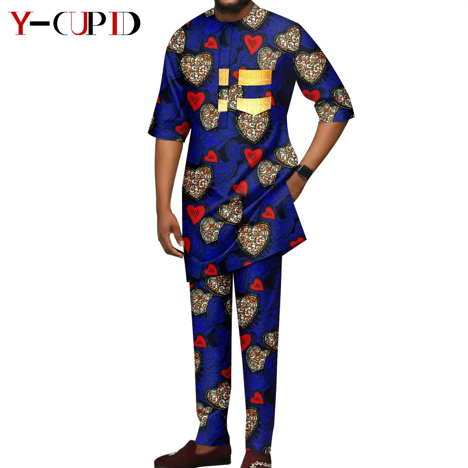 African Print V-neck Dresses for Women Couple Matching Men Outfits Top and Pant Sets Dashiki Bazin Riche Lover Outwear Y23C086