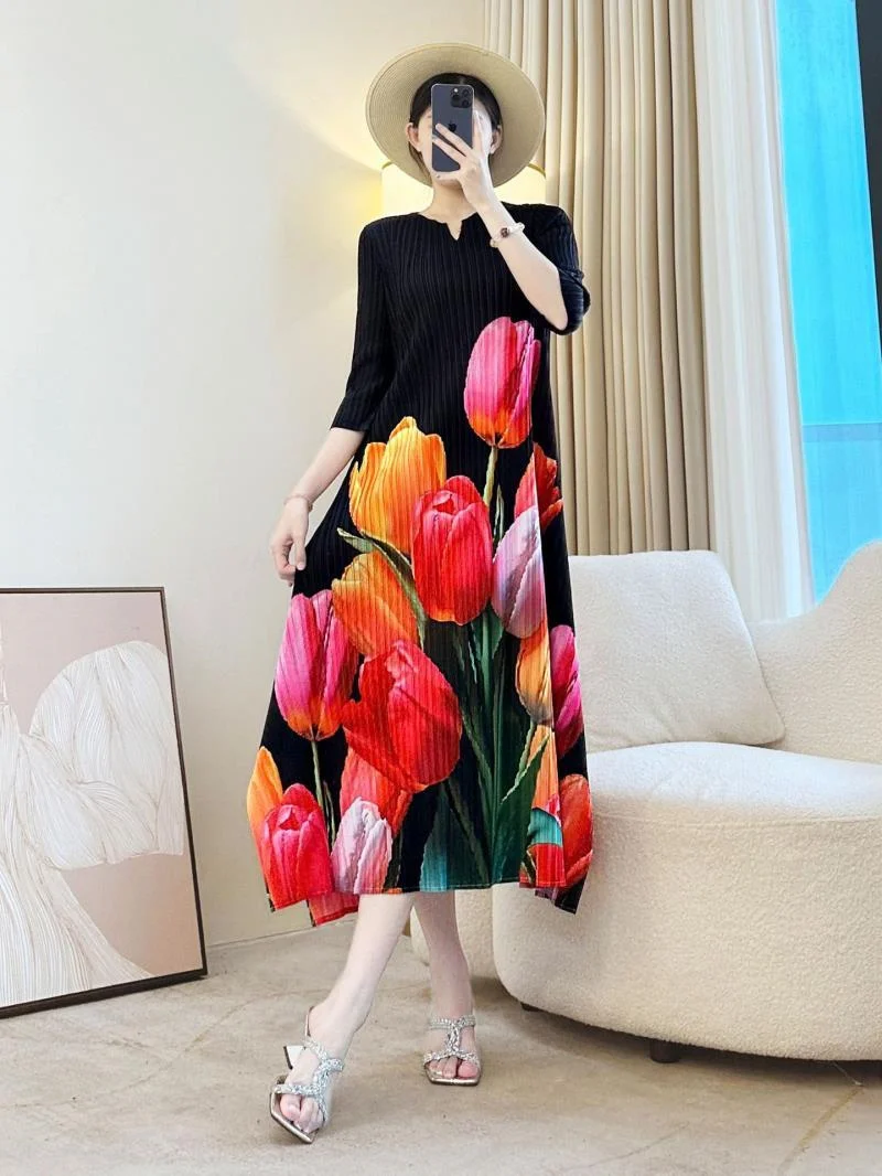 Hochwertige Damenkleider, plissiertes Kleid, Damen-Herbst-Strandrock am Meer, modisches Temperament, bedruckt, Lssey Miyake, langer Rock