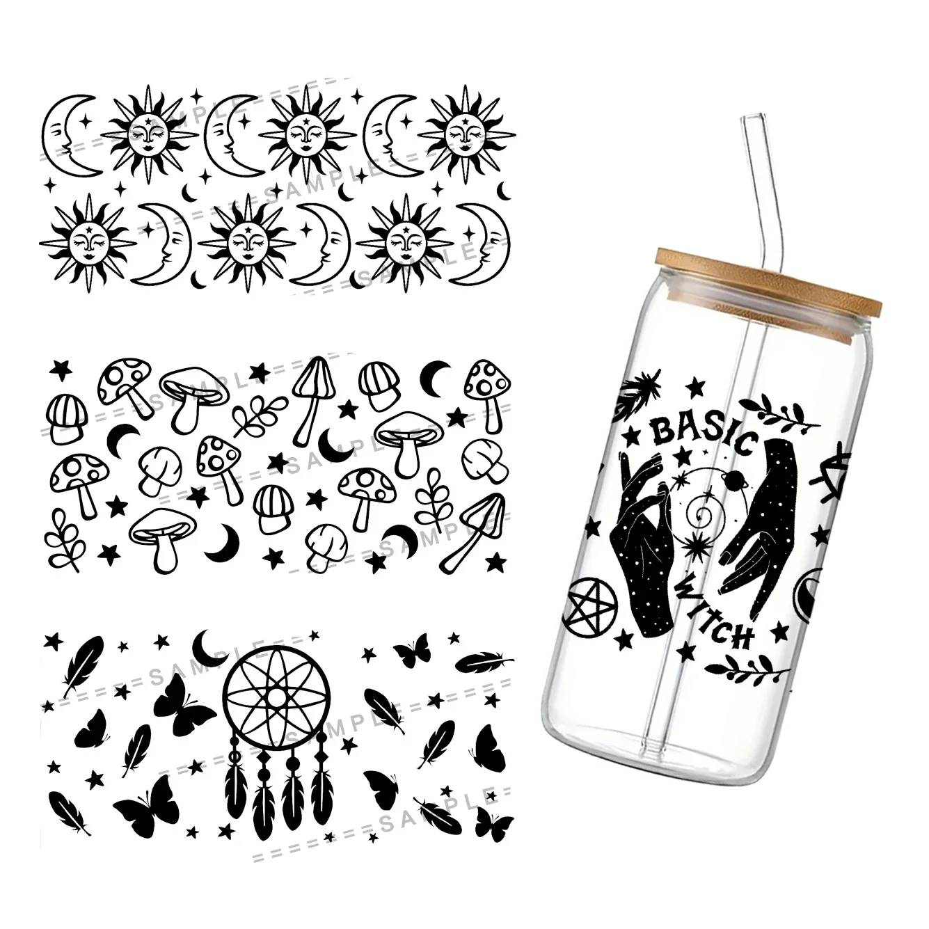 Mystic Elements 3D Waterproof UV DTF Cup Wrap for 16Oz Libbey Glass Can DIY Transfer Sticker