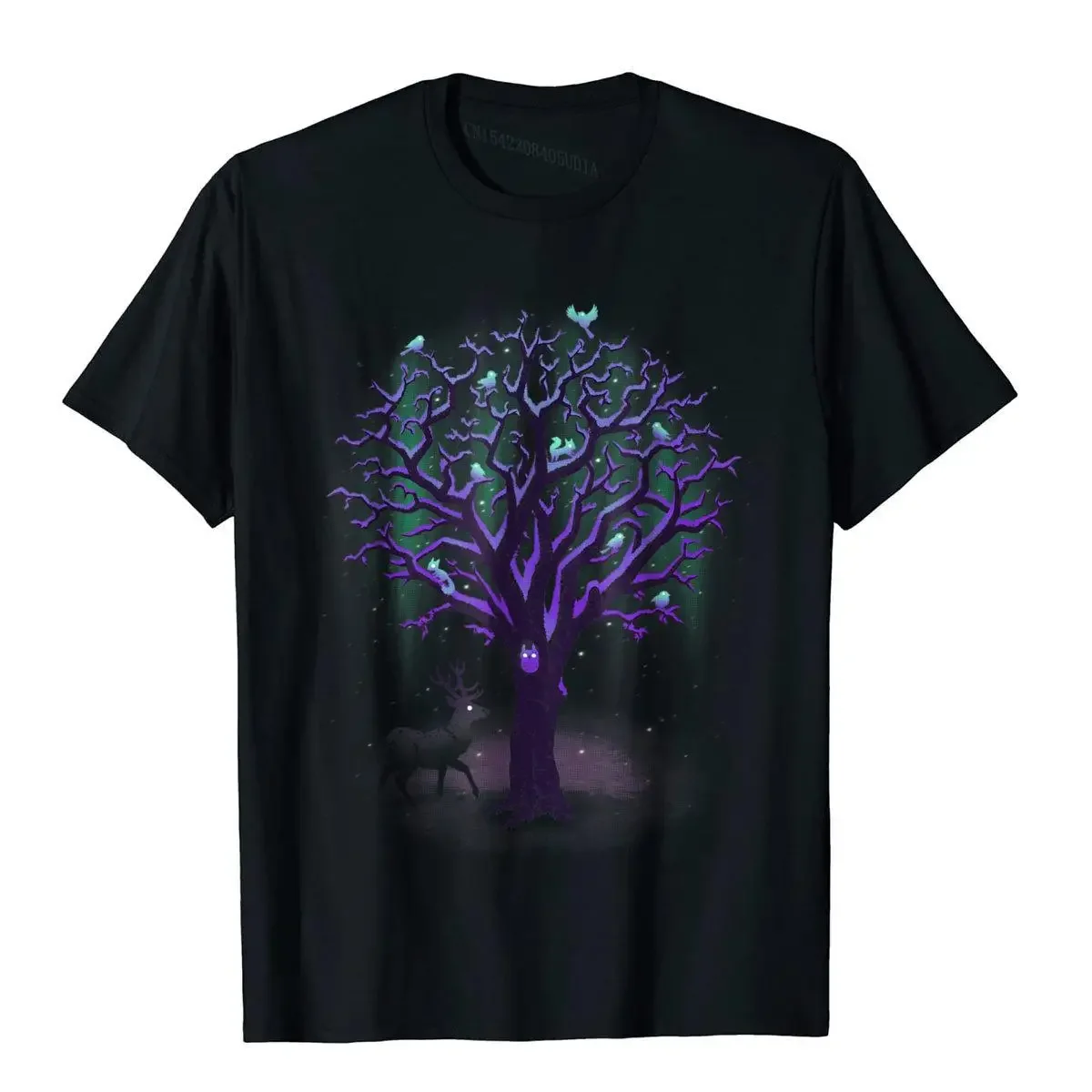 

Glowing Purple Tree With Deer And Birds Graphic Tee Men's Breathable Cotton Crew Neck T-Shirt