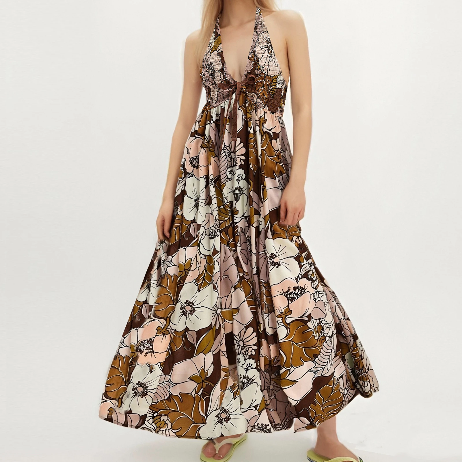 Combhasaki Abito lungo da donna con lacci, scollo a V, smock, arricciato, senza maniche, aperto sul retro, stampa floreale, abito lungo a trapezio fluido da spiaggia estivo