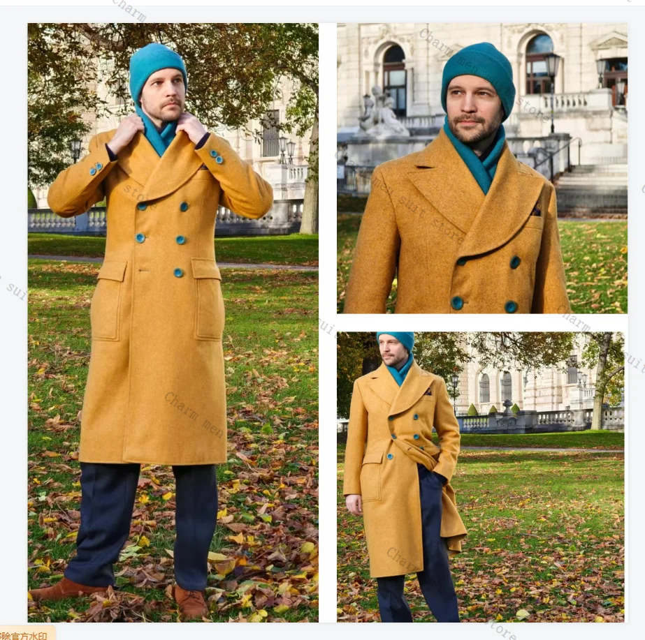 

Yellow Woolen Men Suits 1 Pcs Long Blazer Winter King Coat Wedding Tuxedos Formal Office Customized Prom Dress Jacket Coat