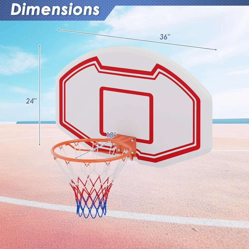 Canestro da basket per interni ed esterni con tabellone infrangibile 36 x 24, 18 cerchi e rete antistrappo per montaggio a parete di grandi dimensioni