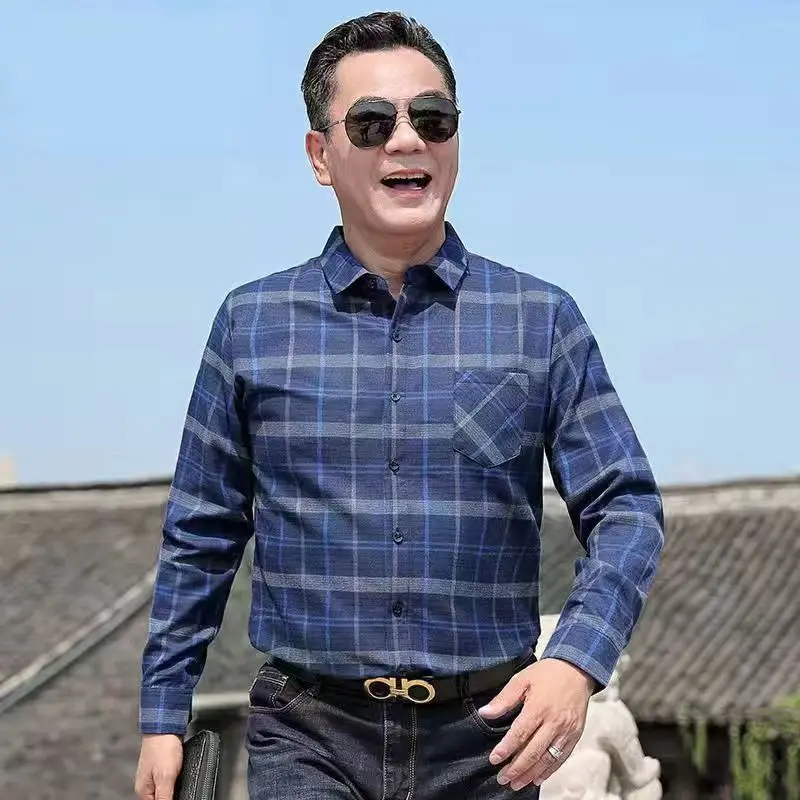 Spring Autumn Men's Thin Checked Long Sleeve Cotton Shirt Loose Casual Square Neck Plaid Pocket Shirts
