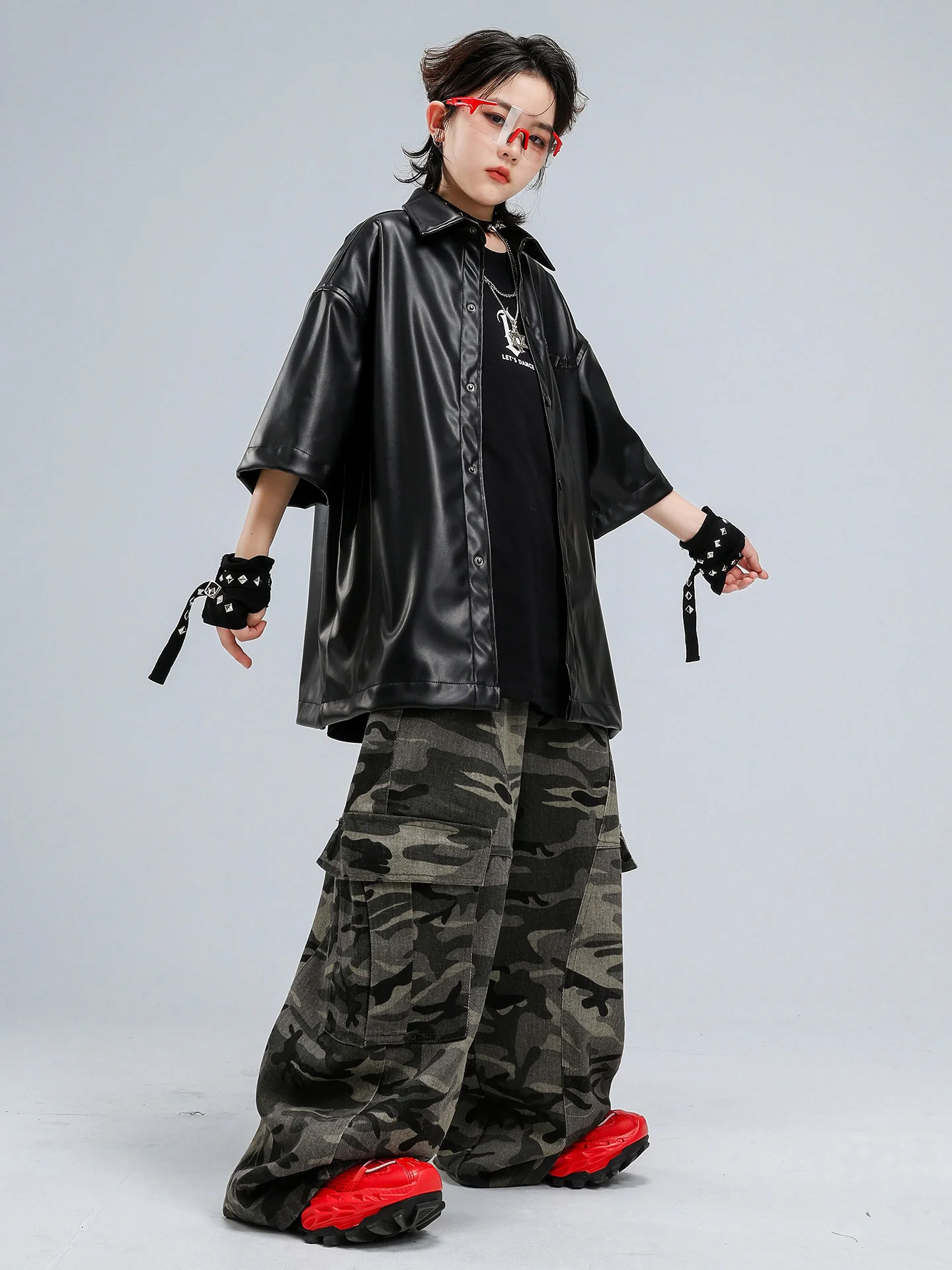 

New Hip Hop Clothes For Boys Leather Coat Short Sleeves Camouflage Pants Street Dance Clothing Kids Runway Drum Stage Wear