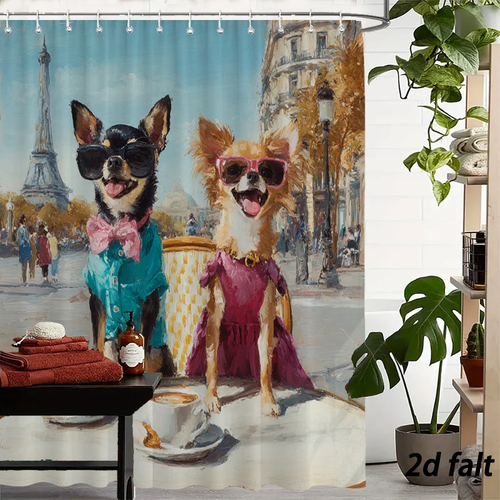 Oil Painting Two Chihuahuas Wearing Sunglasses Paris Street Pattern Bath curtain Cozy Plush Bedspread Portable 