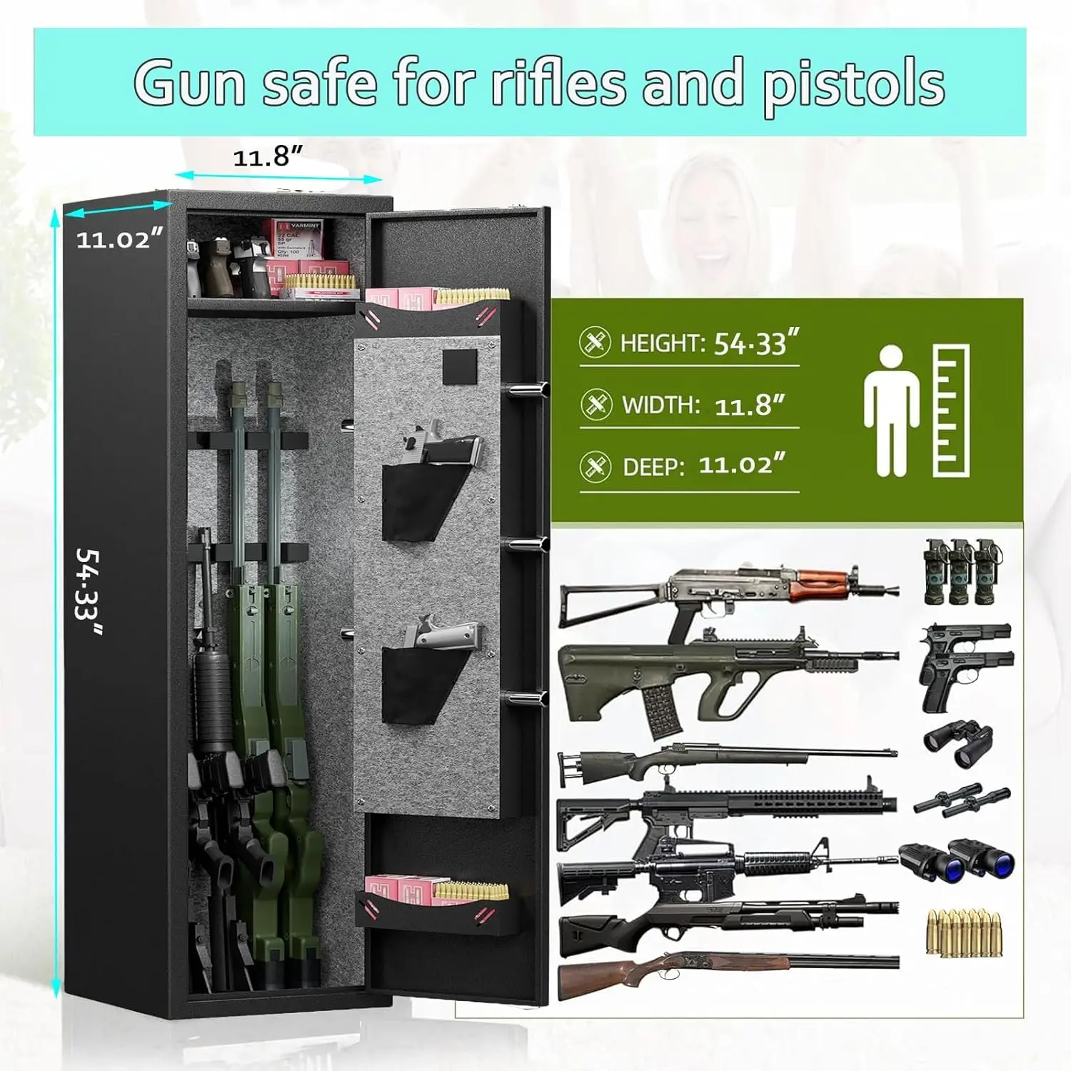 3-4 Rifle Gun Safe,Large Gun Safe for Home Rifle and Pistols,Quick Access Gun Cabinets with LED Light,Rifle Safe with Removable