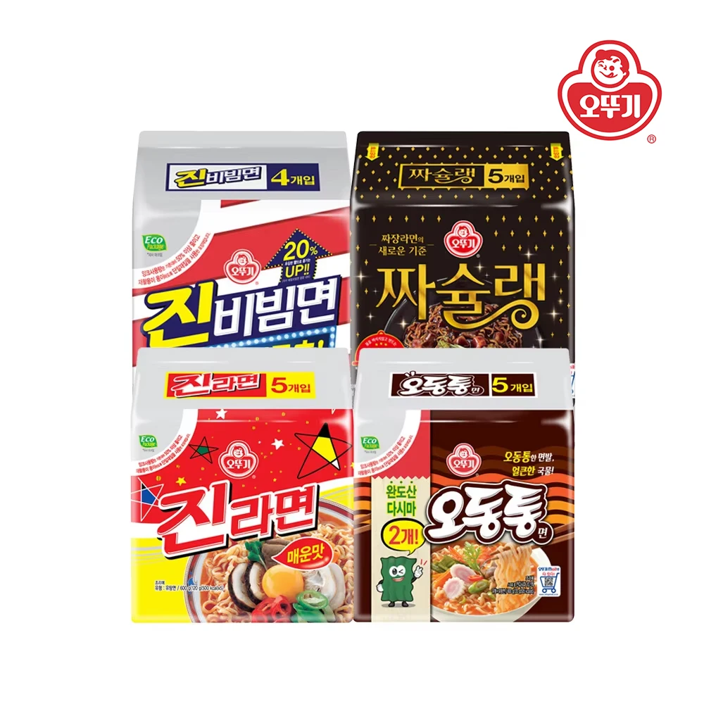 [Ottogi] Jin Ramen Sabor Picante 5 Paquetes + Odon Tteokbokki 5 Paquetes + Jaksulang 5 Paquetes + Jin Bibim Noodles 4 Paquetes