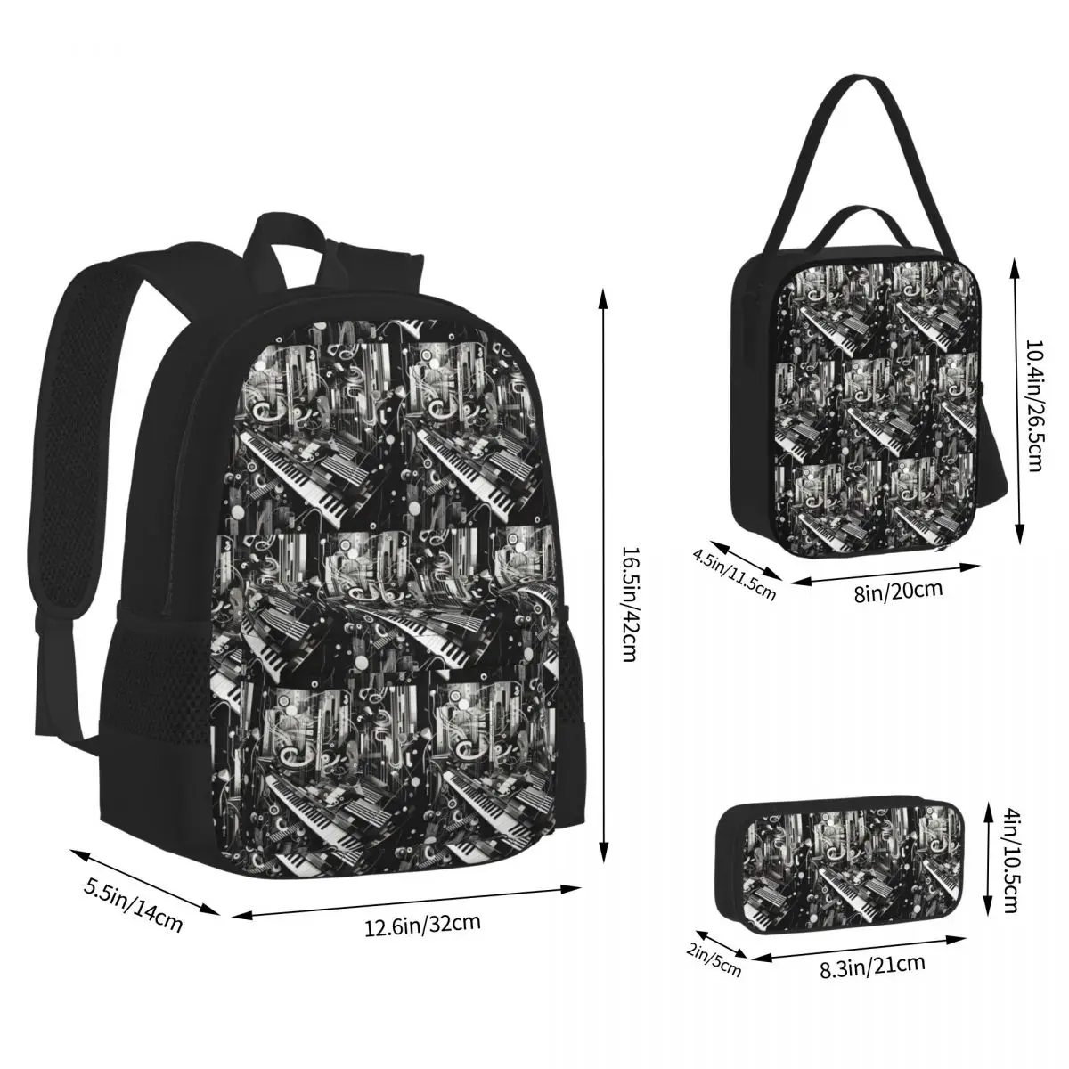 Music Notation Musical Notes Backpacks Boys Girls Bookbag School Bags Kids Rucksack Lunch Bag Pen Bag Three-Piece Set