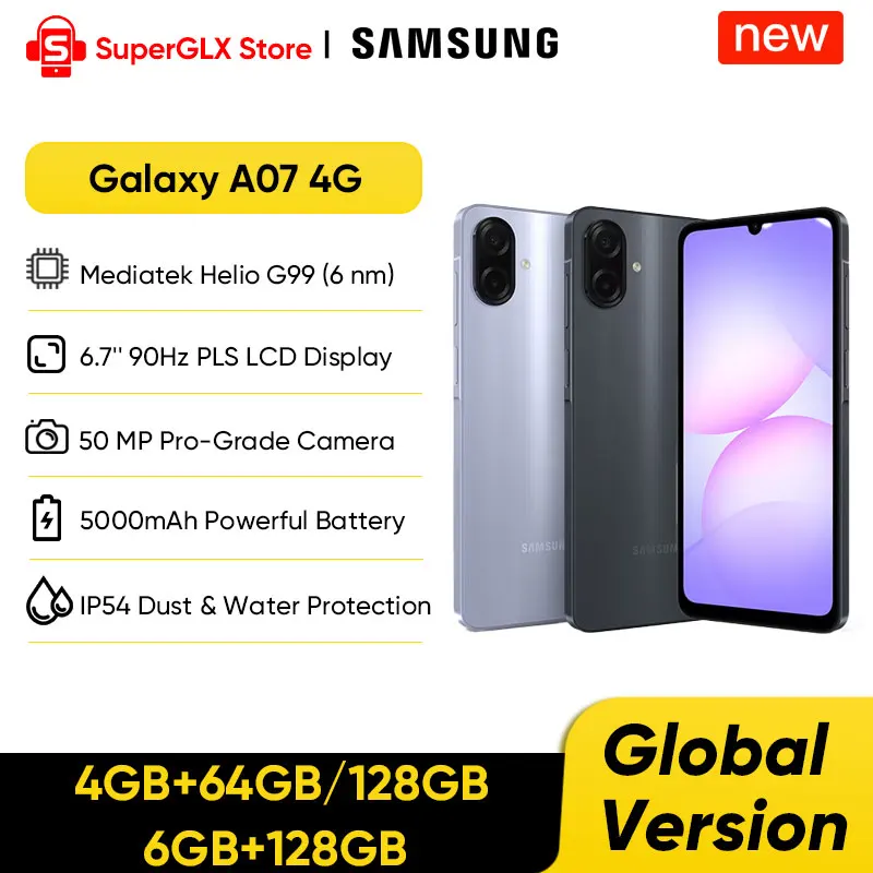 2025 Новый смартфон Samsung Galaxy A07 4G с двумя SIM-картами Mediatek Helio G99 6,7 дюйма, 90 Гц, PLS, ЖК-дисплей, 50-мегапиксельная камера, аккумулятор 5000 мАч, IP54 2025 Новый смартфон Samsung Galaxy A07 4G с двумя SIM-картами Mediatek Helio G99 6,7 дюйма, 90 Гц, PLS, ЖК-дисплей, 50-мегапиксельная камера, аккумулятор 5000 мАч, IP54