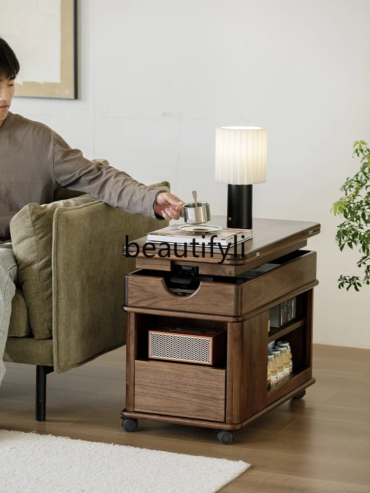 Black Walnut Mobile Coffee Table, Adjustable Height, Foldable, Small Apartment, Solid Wood, Living Room, Multi-Functional