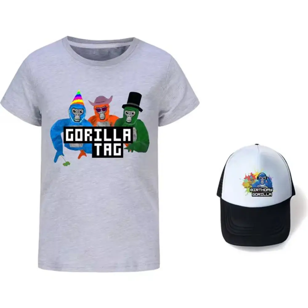 Camiseta con etiqueta de gorila para niños, camisetas Kawaii y sombrero para el sol, trajes de 2 uds., camisetas de manga corta de verano para niñas, ropa informal para adolescentes y niños