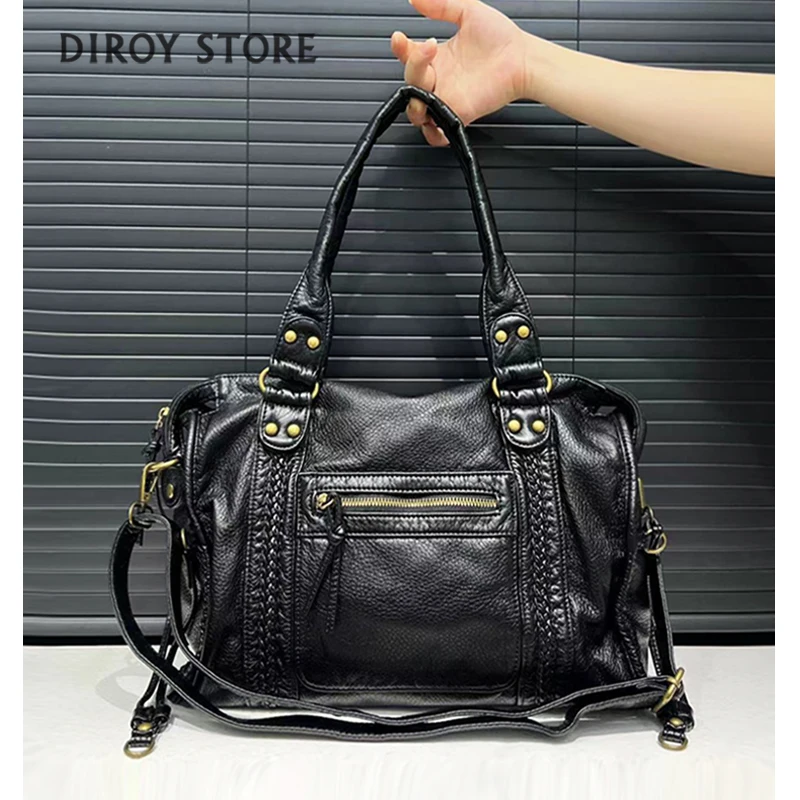 

Y2K sacà bandoulière simple pour fille Soft leather retro messenger bag large capacity tote bag punk multi pocket motorcycle bag