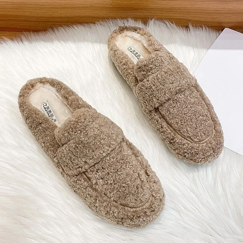 Women Fluffy Slippers Winter Warm Plush Mules One Fur Slippers Cozy Cotton Shoes Cashmere Femme Curly Sheep Flats Half Shoes