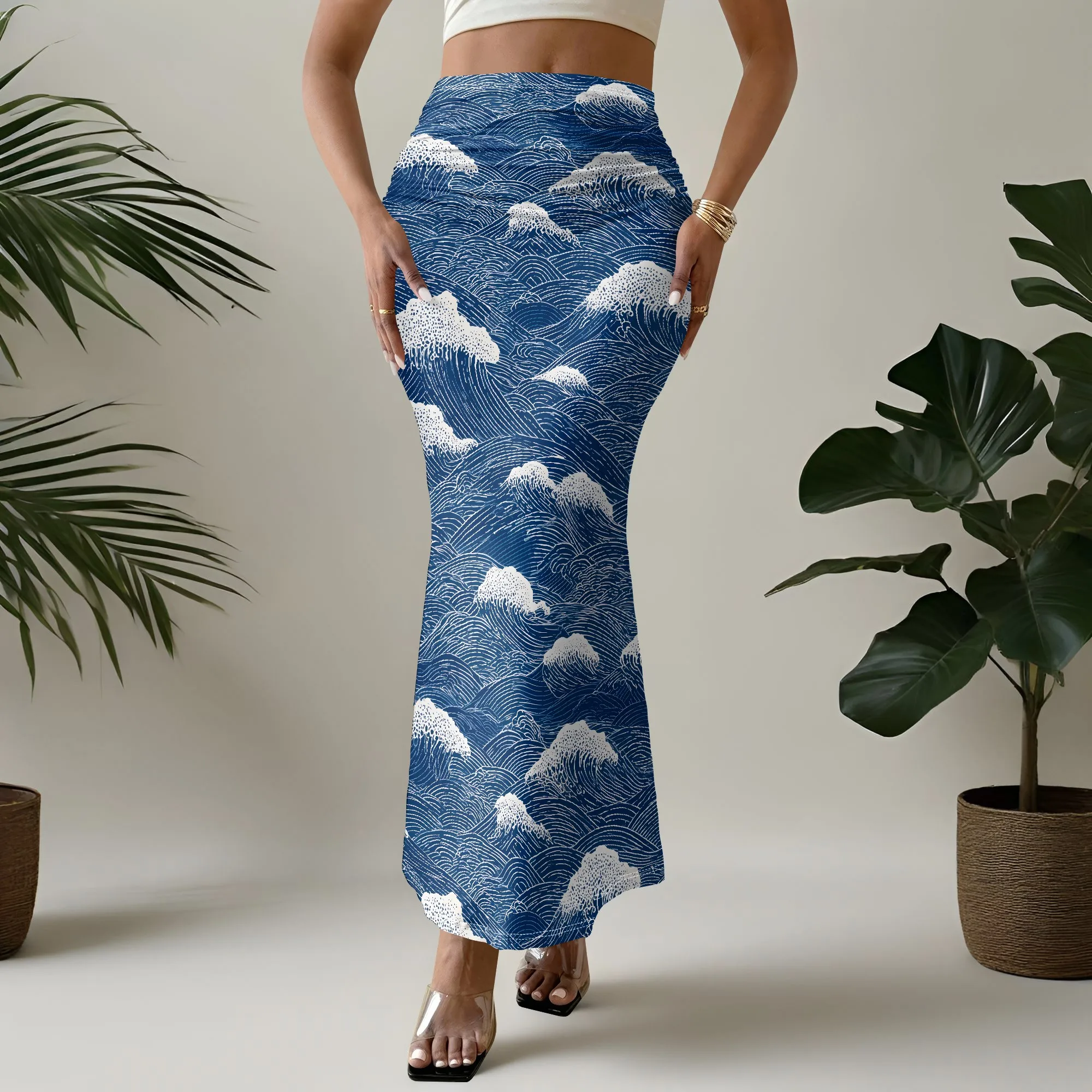 Vintage Wave Print Skirt, Blue Ocean Pattern Maxi Skirt, Mermaid Hem Midi Skirt for Women Summer Beach Party S-3XL