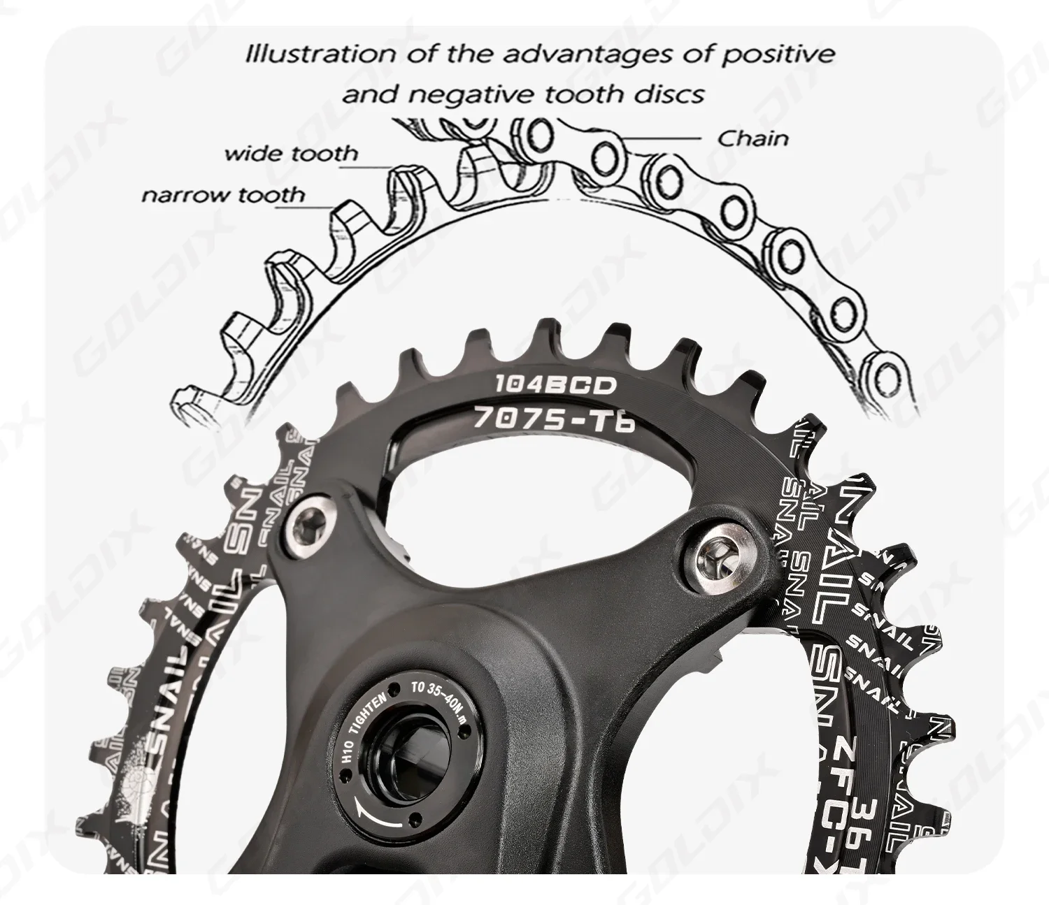 GOLDIX Hochfeste Fahrradkurbelgarnitur aus geschmiedeter Aluminiumlegierung, 104BCD, schmal-breites Kettenblatt, 170 mm Länge, für Mountainbikes. – Detail 7