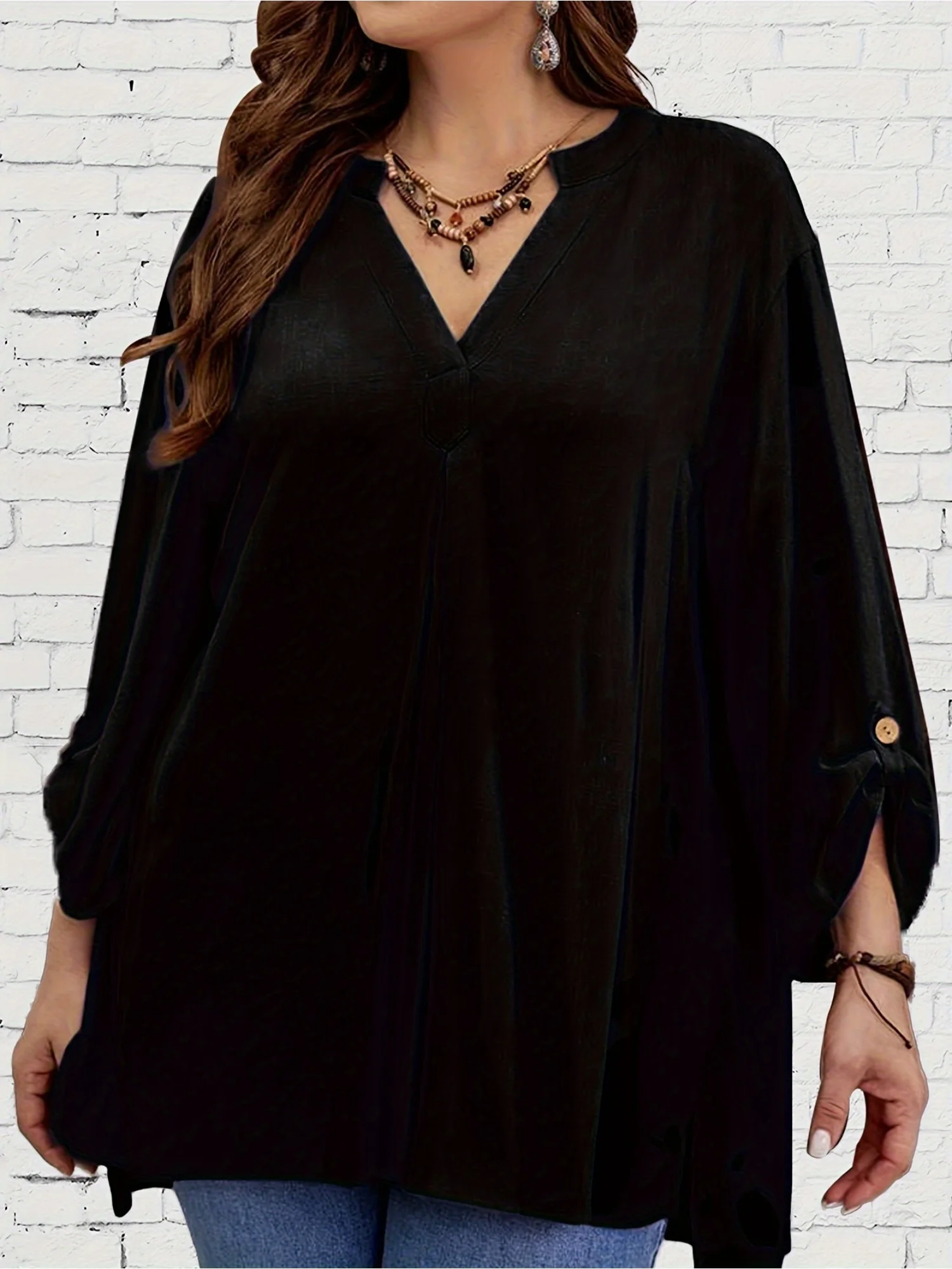 

Plus Size Women's Fashionable and Elegant Solid Color Stand Up Collar Rolled Tongue Sleeve Shirt Ladies Loose Comfortable Shirt